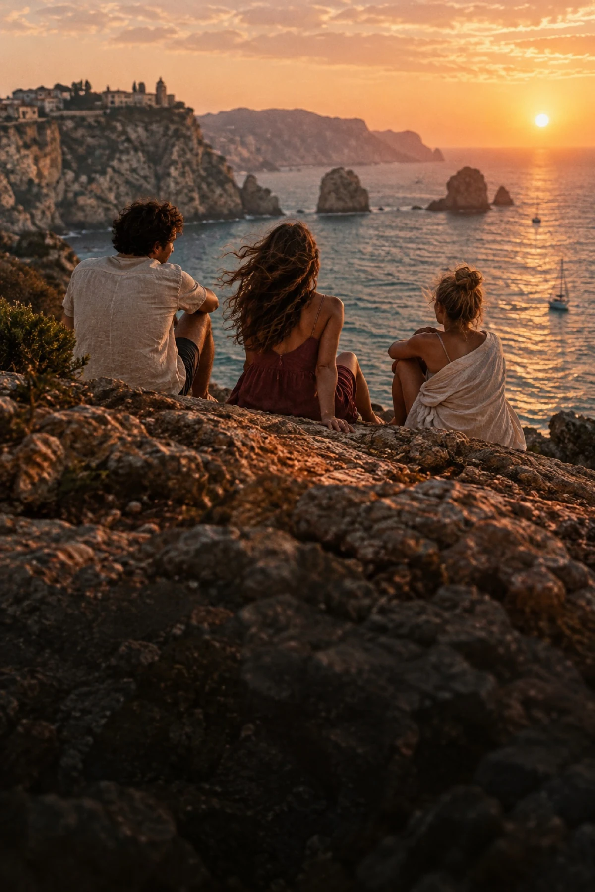 Freunde genießen gemeinsam einen Sonnenuntergang am Meer